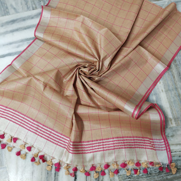 Bhagalpuri Tissue Semi Linen Pink Checks Dupatta