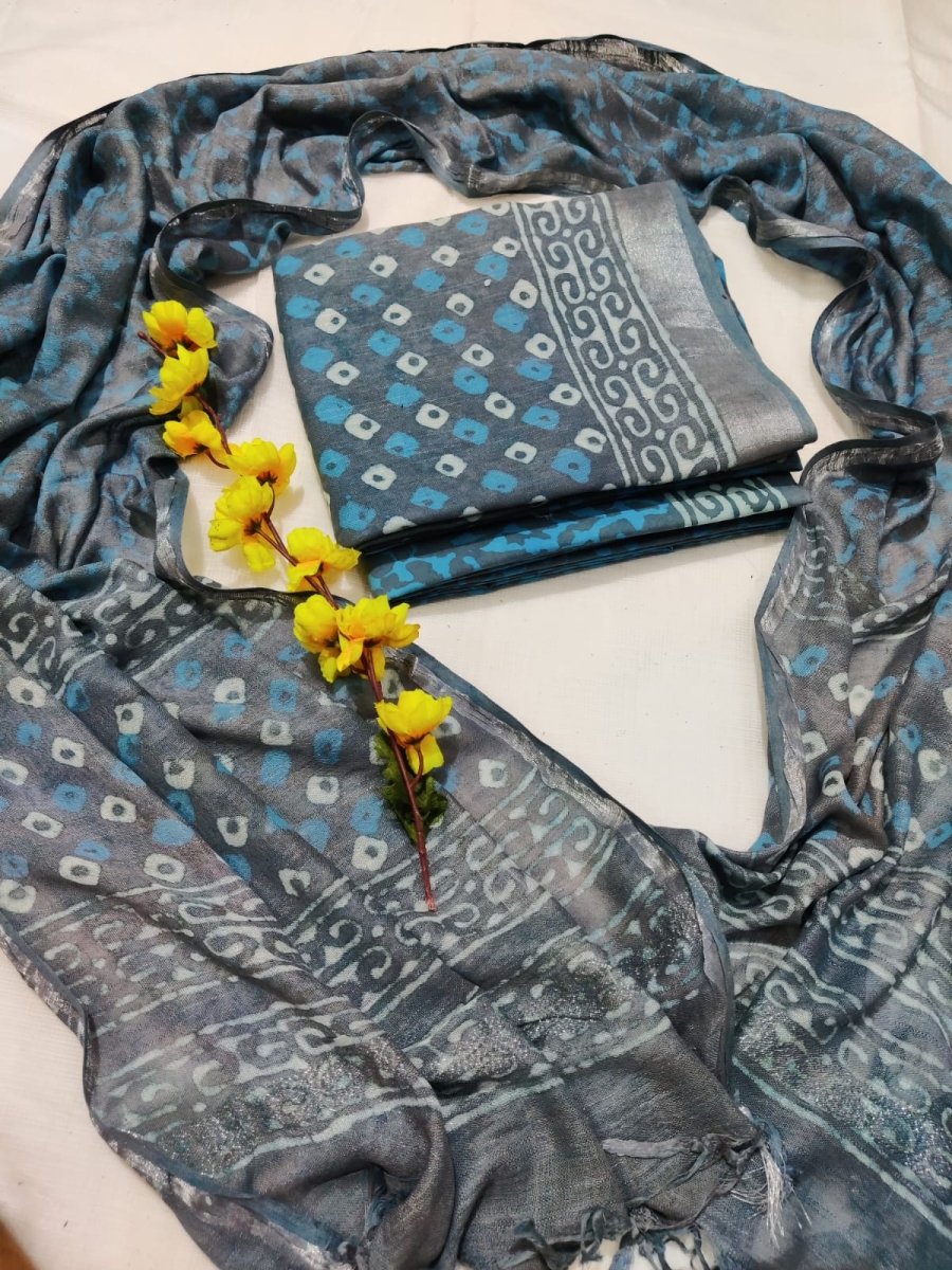 Pista Green- BAGRU HAND BLOCK PRINTED LINEN COTTON SUIT SET WITH ZARI BORDER 27