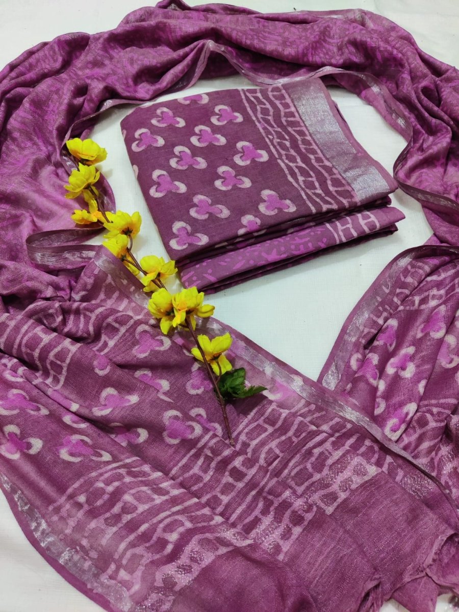 Pista Green- BAGRU HAND BLOCK PRINTED LINEN COTTON SUIT SET WITH ZARI BORDER 27 main image 0