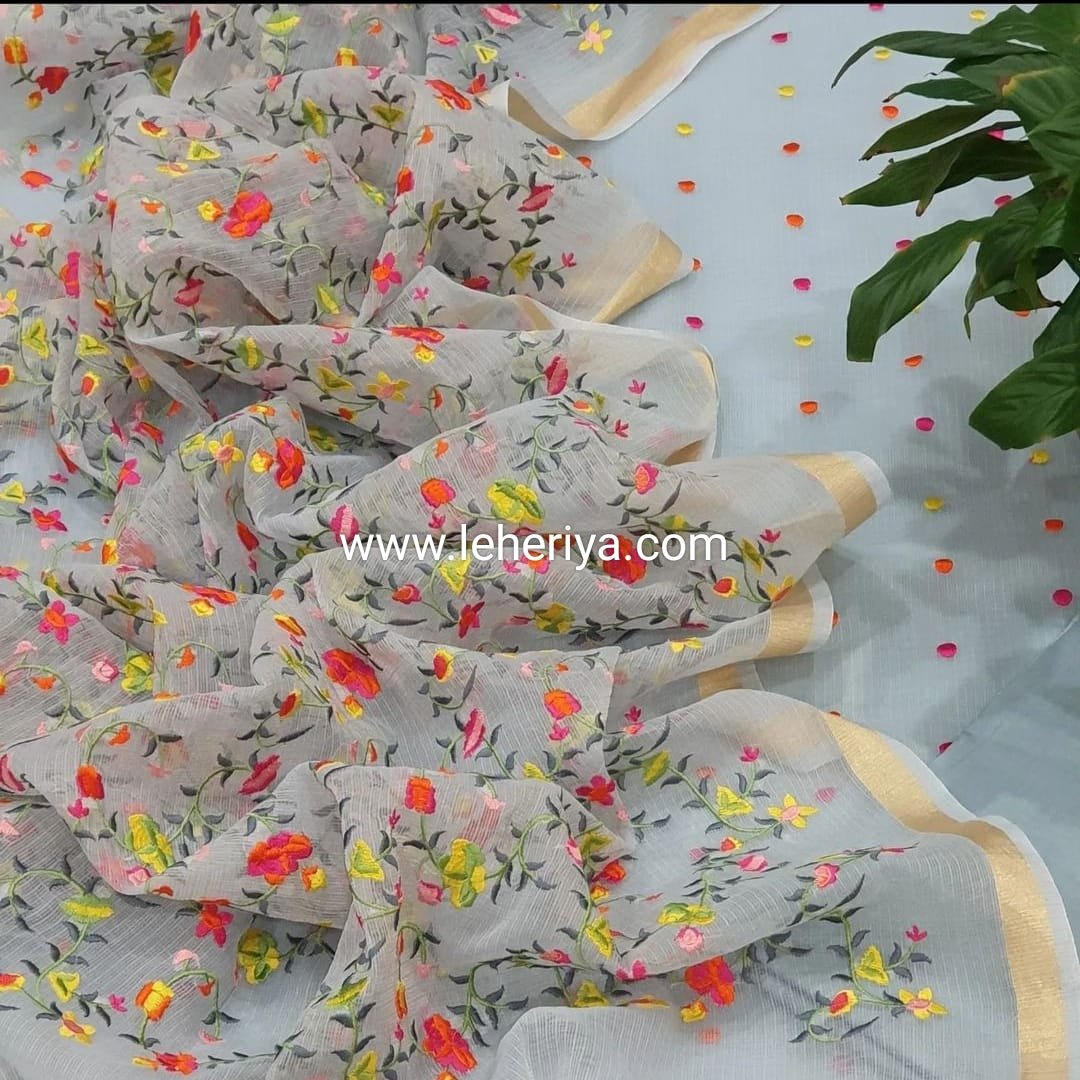 Red - Kota Doria Silk Cotton Kashida Embroidery Dupatta 41 main image 0
