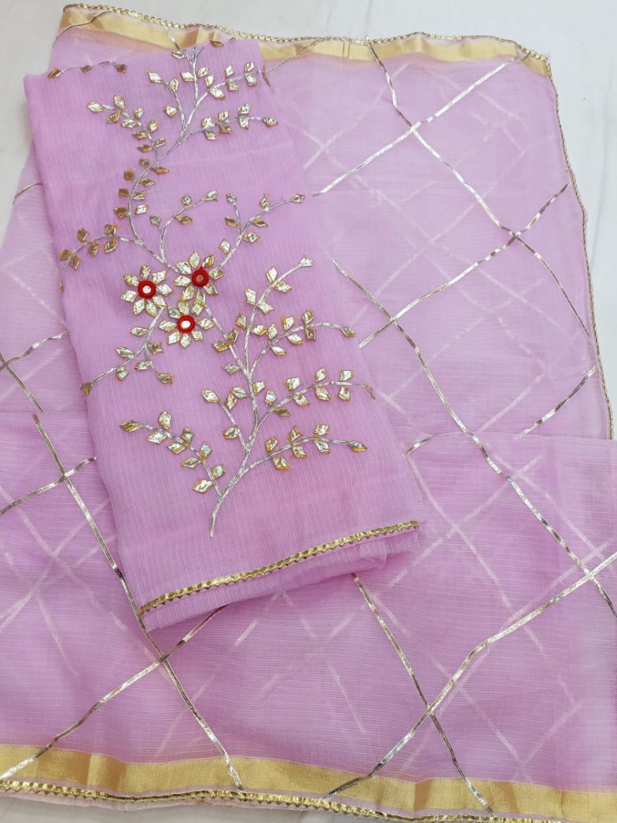 Glimmering Kota Doria Gota Patti Milky White Suit (T+B+D)