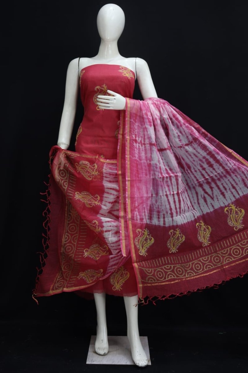 Royal Golden Mehndi Designer Handblock Printed Cotton Kota Doria un-stitched Suit With Dupatta