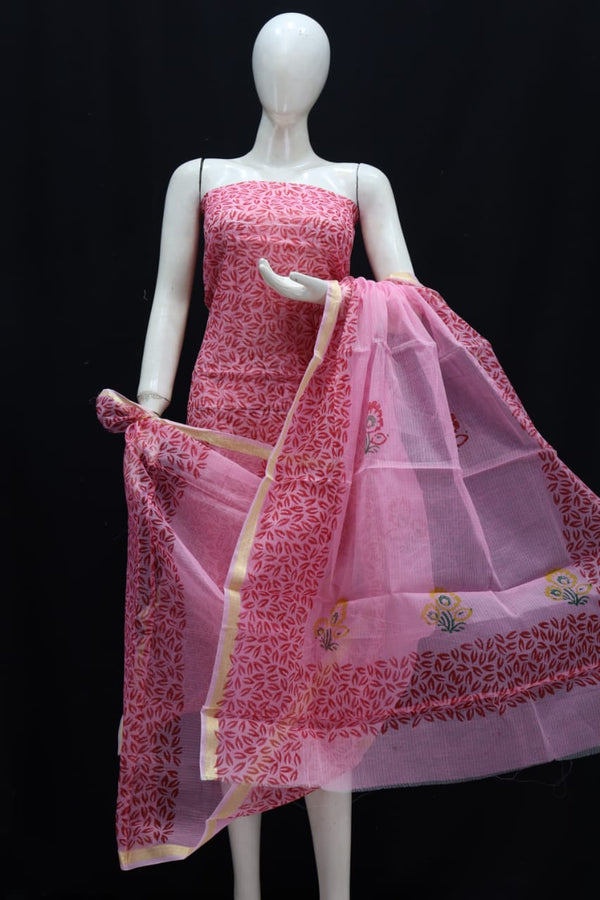 Kota Doria Block Printed Salwar Suit | Soft Pink |