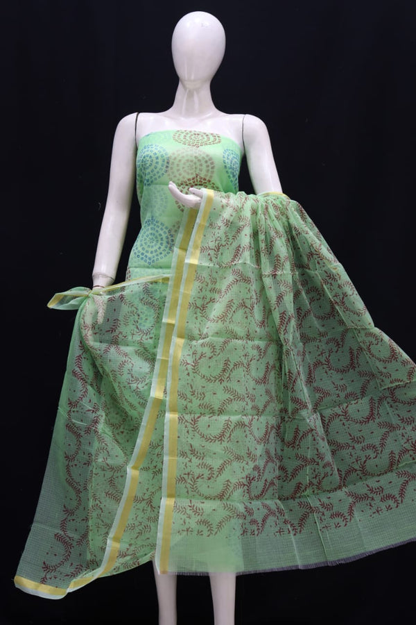 Kota Doria Block Printed Salwar Suit | Pastel Green |