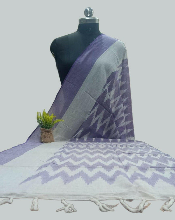 100% Pure Cotton Ikat Dupatta -Purple And White - Leheriya