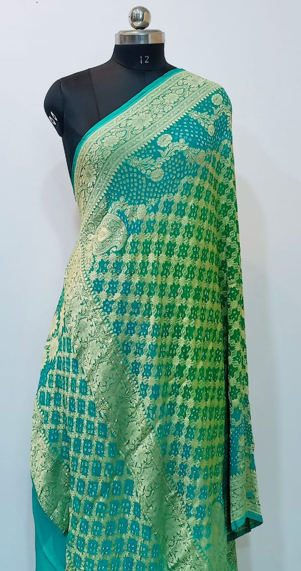 Pure Banarasi Georgette Silk Minakari Neem Zari Handloom Khaddi Bandhani Dupatta | Parrot Green and Blue |