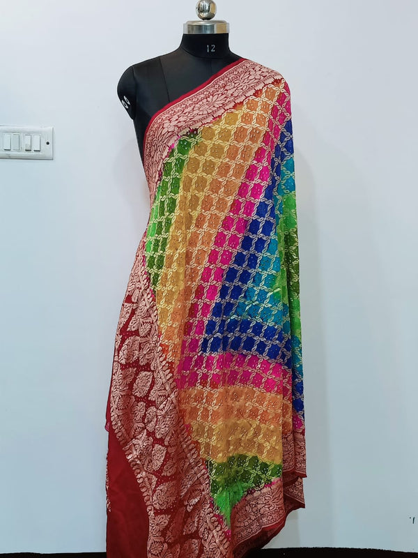 Pure Banarasi Georgette Silk Minakari Neem Zari Handloom Khaddi Bandhani Dupatta | Multicolor |