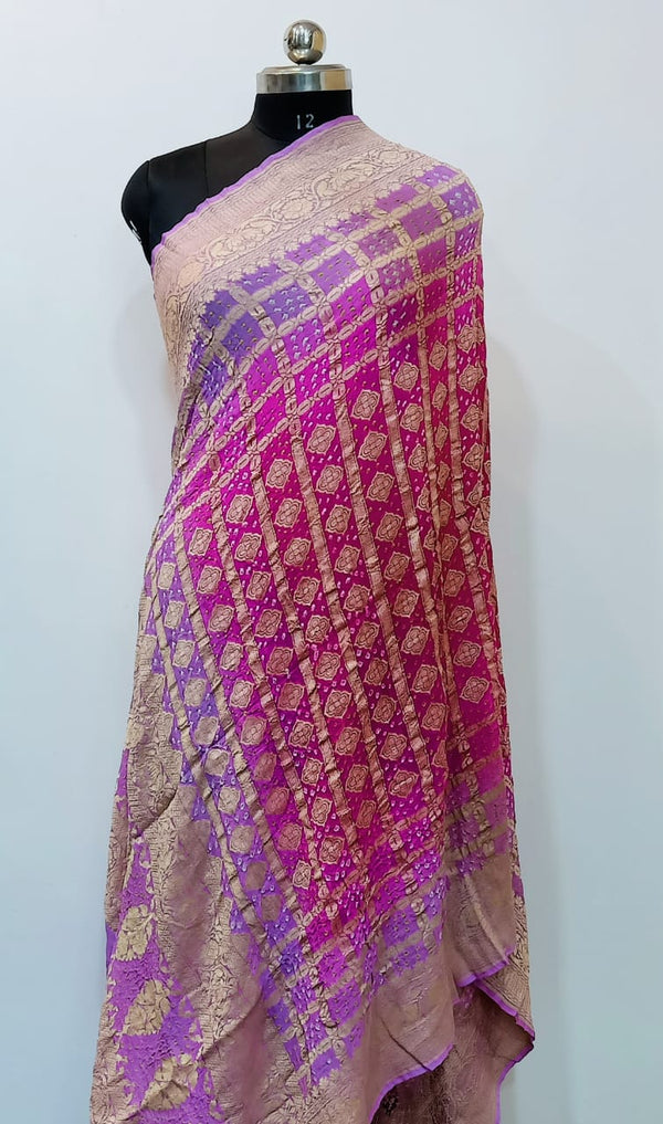 Pure Banarasi Georgette Silk Minakari Neem Zari Handloom Khaddi Bandhani Dupatta | Purple & Pink |