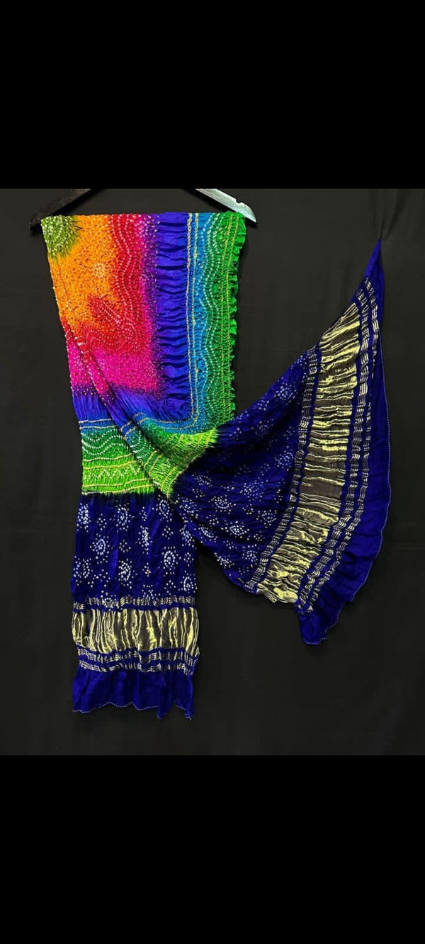 Pure Gaji Silk Tissue Pallu Multi Color Dyeing Chandrokhani Design Bandhani Dupatta