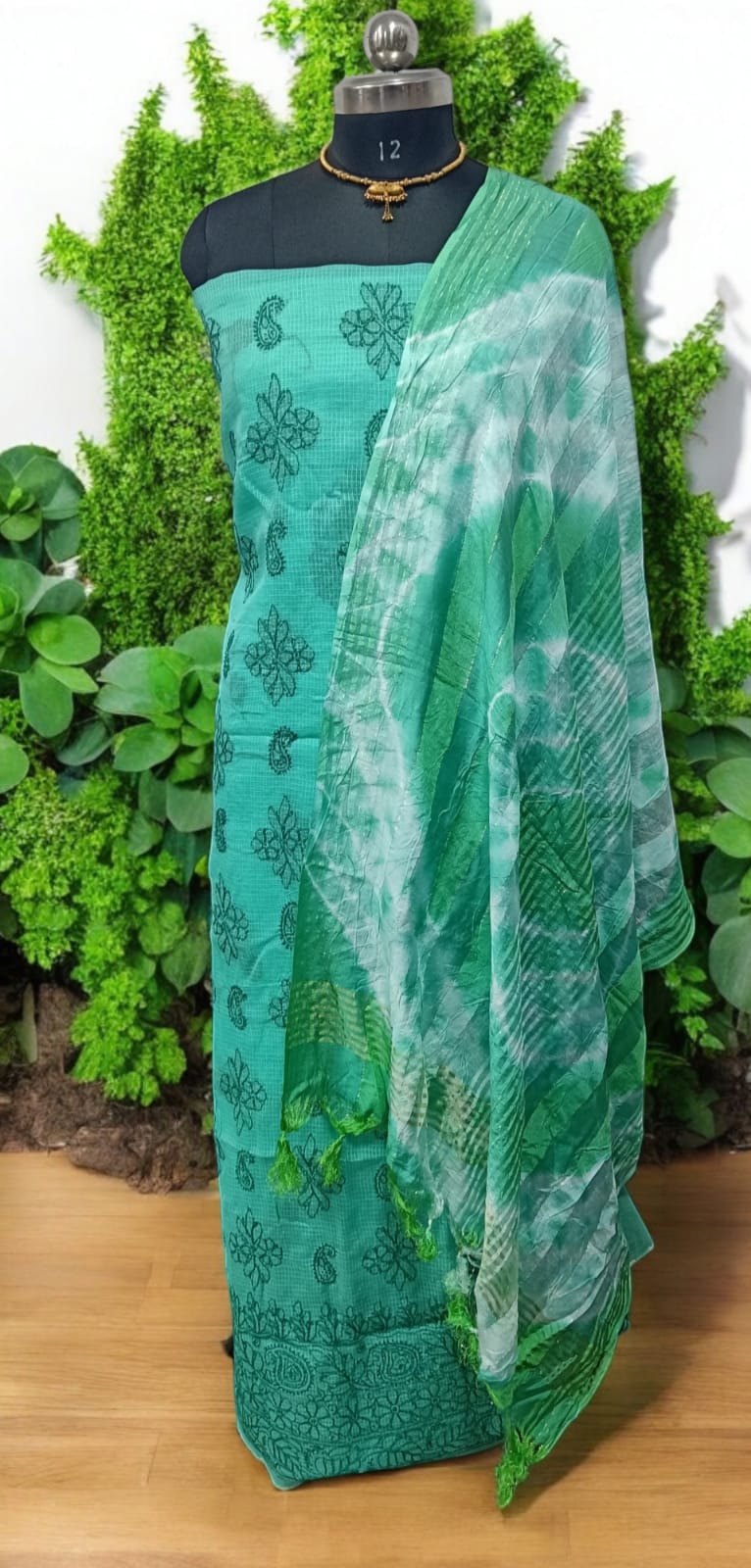 2 pc Lucknow Chikankari Pure Kota Doria Salwar Suit Unstitched - Leheriya