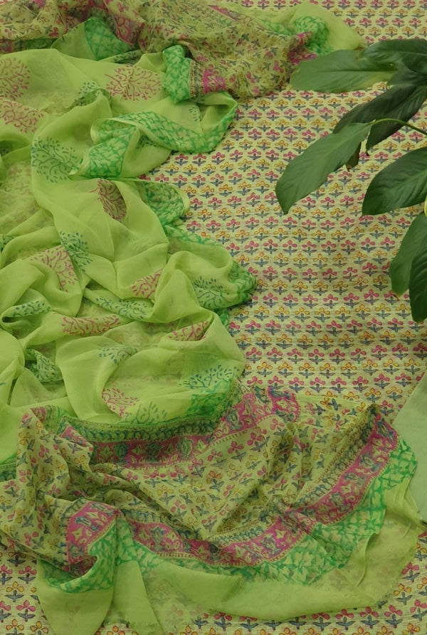 2 pc Pure Cotton Hand Block Printed Kota Doria Unstitched Salwar Suit - Leheriya