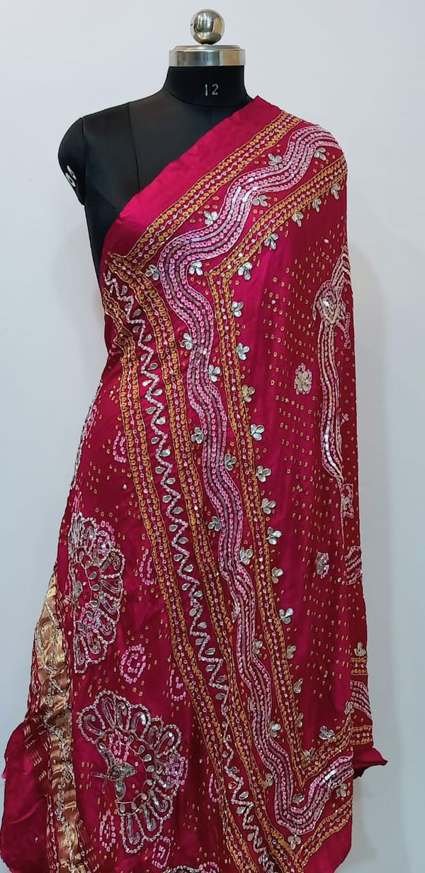 Bridal Pure Gaji Silk Tissue Pallu Bandhani Dupatta with Gotta Patti | Rani Pink |