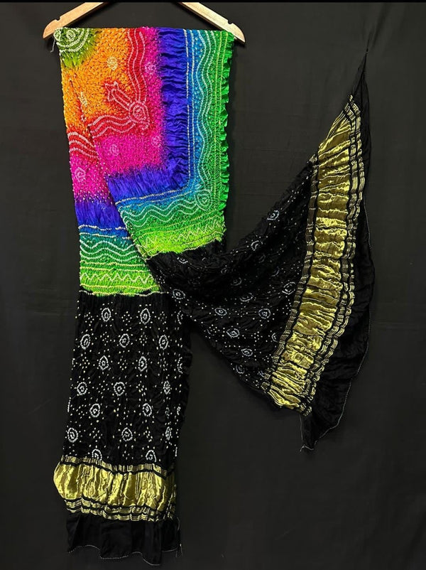 Pure Gaji Silk Tissue Pallu Multi Color Dyeing Chandrokhani Design Bandhani Dupatta