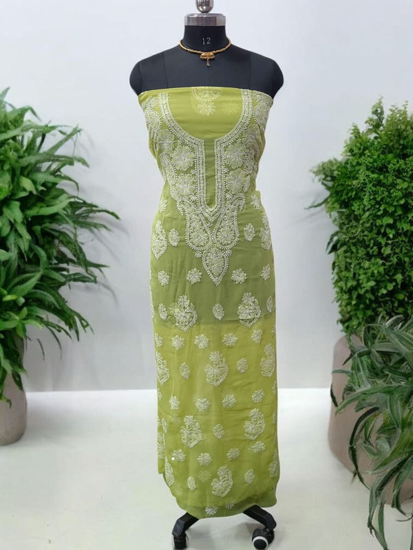 2pc Lucknow Chikankari Hand Embroidery Chiffon Georgette Unstitched Suit With Kota Doria Dupatta - Leheriya