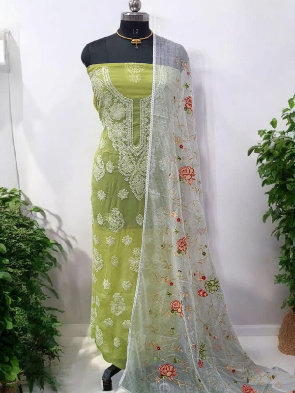 2pc Lucknow Chikankari Hand Embroidery Chiffon Georgette Unstitched Suit With Kota Doria Dupatta - Leheriya
