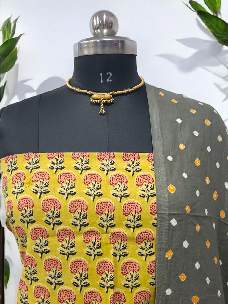 3 Pc Ajrakh Print Pure Cotton Salwar Suit with Bandhani Cotton Dupatta - Leheriya