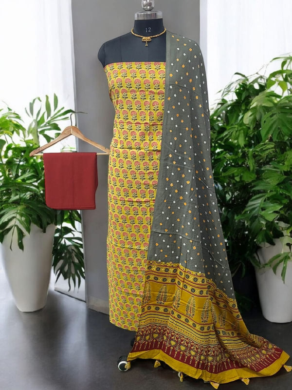 3 Pc Ajrakh Print Pure Cotton Salwar Suit with Bandhani Cotton Dupatta - Leheriya