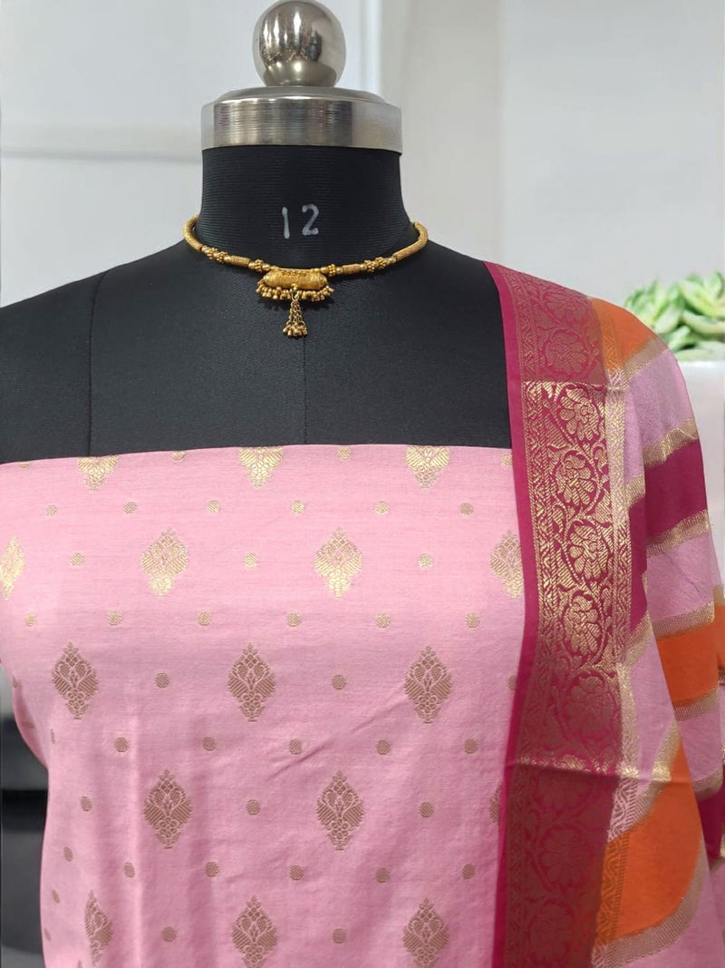 3 pc Banarasi Georgette Silk Hand Brush Painted Unstitched Salwar Suit - Leheriya