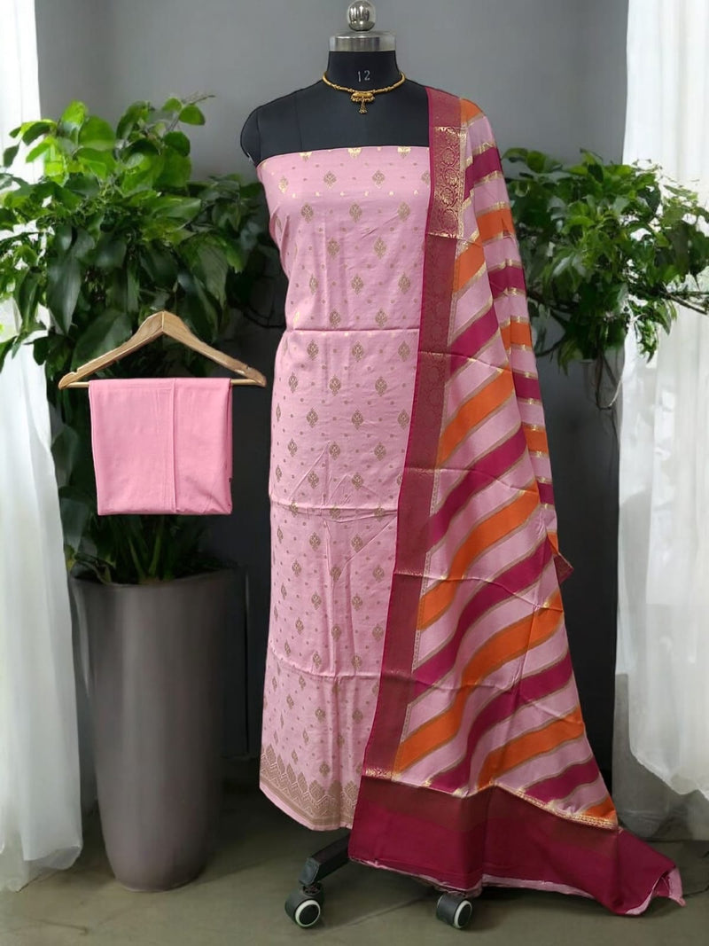 3 pc Banarasi Georgette Silk Hand Brush Painted Unstitched Salwar Suit - Leheriya