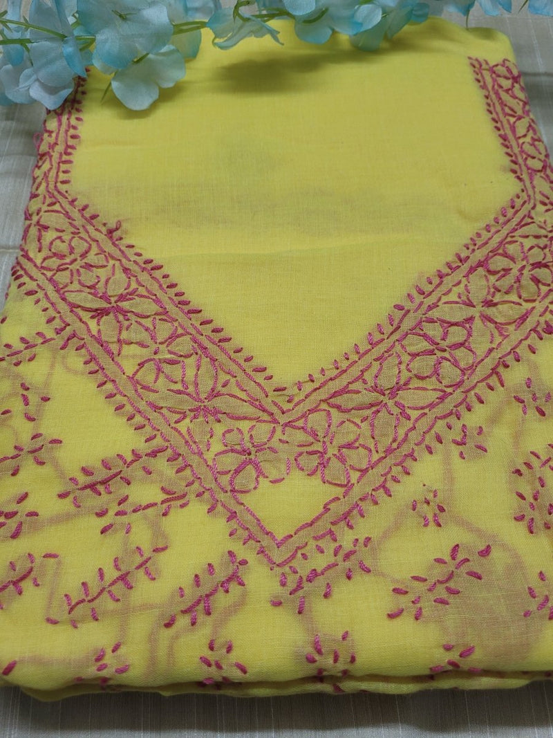 3 pc Lucknow Chikankari Allover Hand Embroidery Pure Cotton Unstitched Salwar Suit with Pure Cotton Dupatta - Leheriya