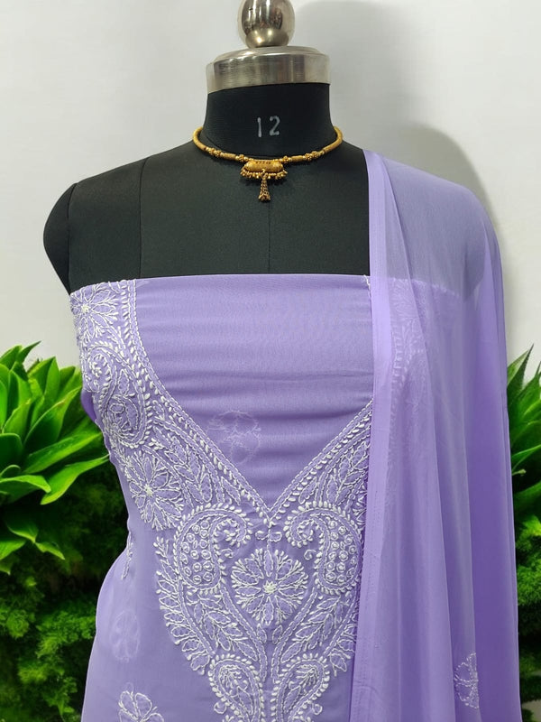 3 pc Lucknow Chikankari Hand Embroidery Chiffon Georgette Unstitched Salwar Suit with Georgette Dupatta - Leheriya