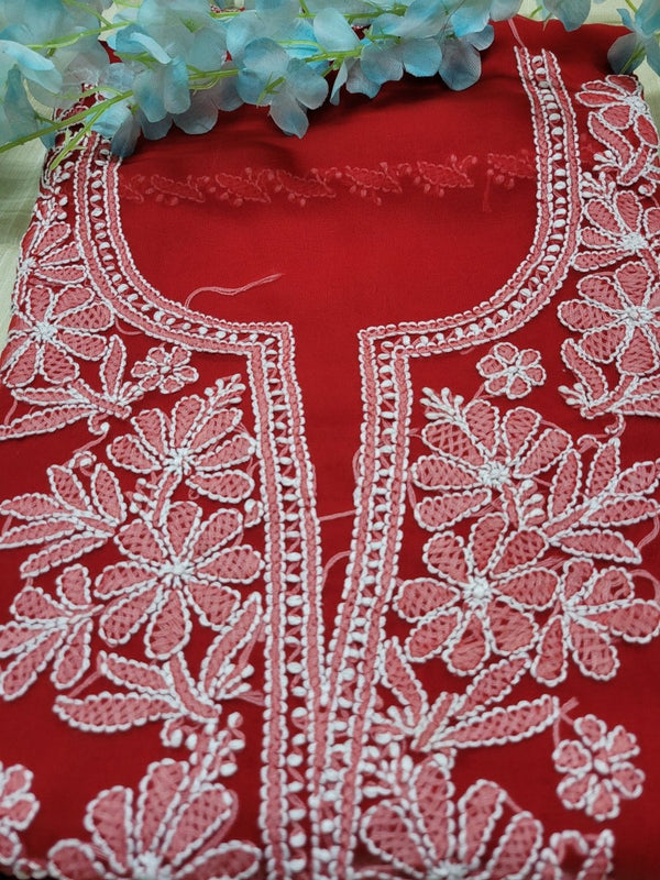 3 pc Lucknow Chikankari Hand Embroidery Chiffon Georgette Unstitched Salwar Suit with Georgette Dupatta - Leheriya