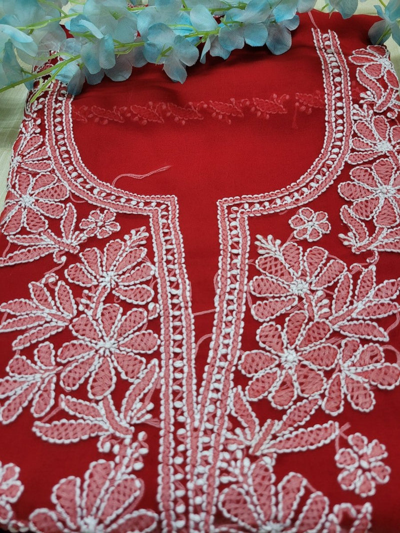 3 pc Lucknow Chikankari Hand Embroidery Chiffon Georgette Unstitched Salwar Suit with Georgette Dupatta - Leheriya