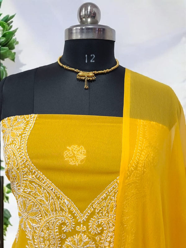 3 pc Lucknow Chikankari Hand Embroidery Chiffon Georgette Unstitched Salwar Suit with Georgette Dupatta - Leheriya