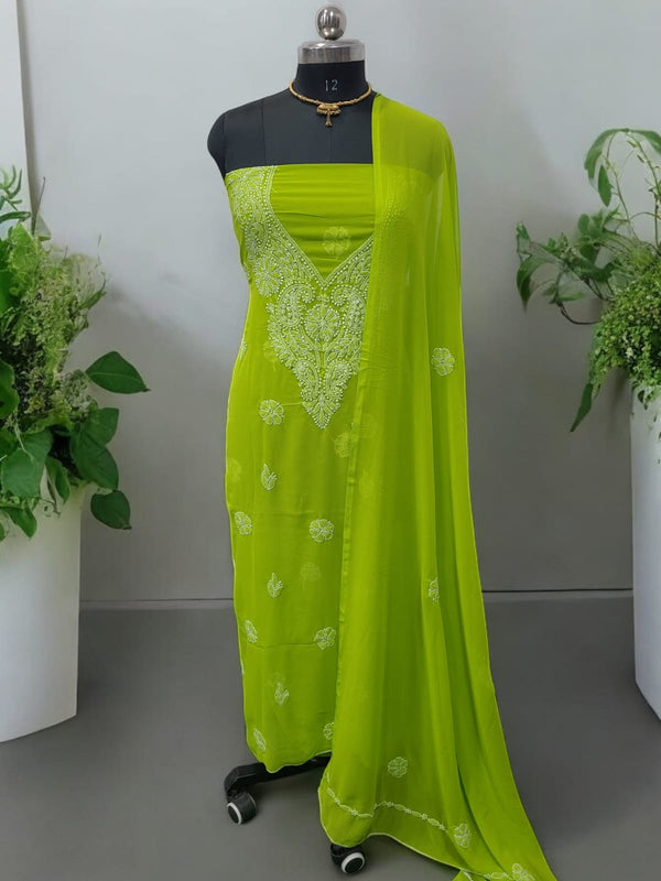 3 pc Lucknow Chikankari Hand Embroidery Chiffon Georgette Unstitched Salwar Suit with Georgette Dupatta - Leheriya