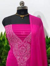 3 pc Lucknow Chikankari Hand Embroidery Chiffon Georgette Unstitched Salwar Suit with Georgette Dupatta - Leheriya