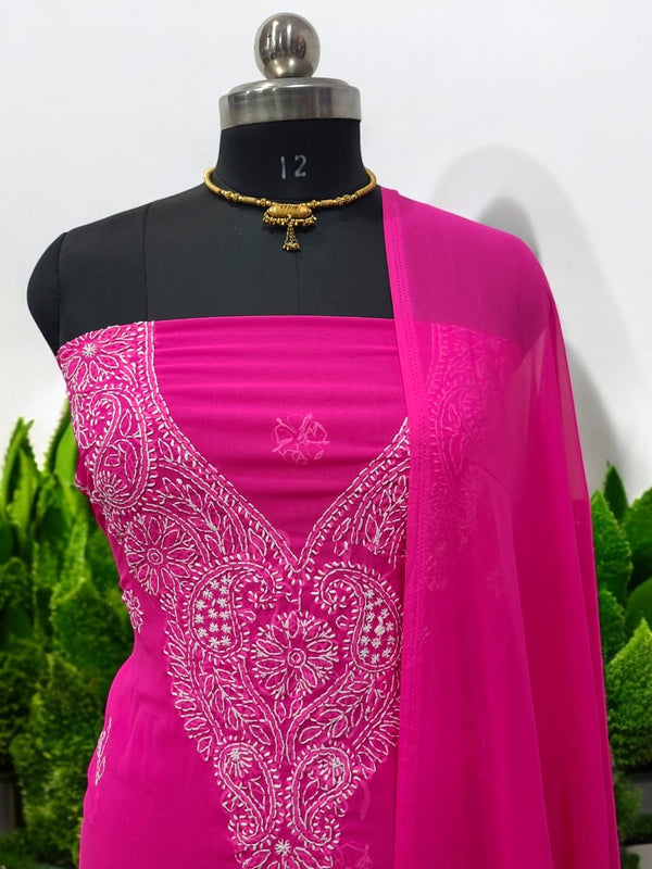 3 pc Lucknow Chikankari Hand Embroidery Chiffon Georgette Unstitched Salwar Suit with Georgette Dupatta - Leheriya