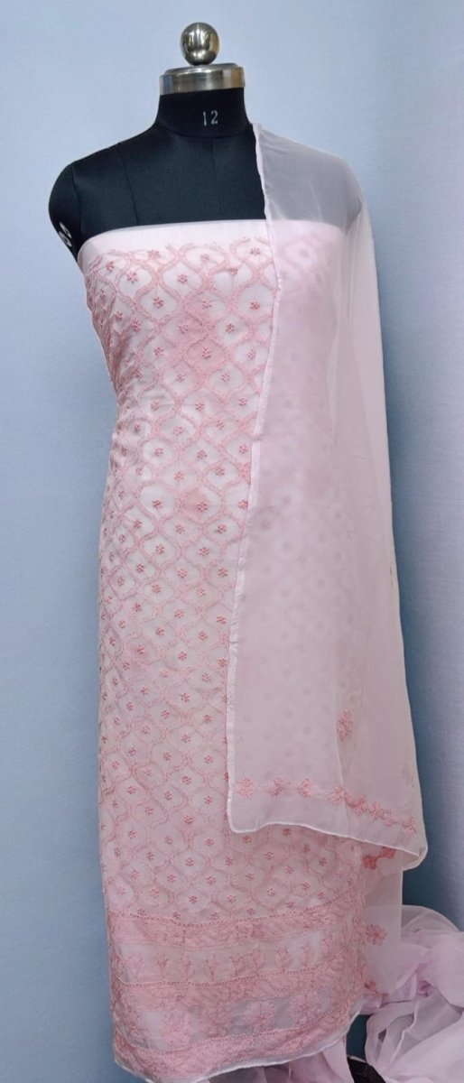 3 pc Lucknow Chikankari Hand Embroidery Chiffon Georgette Unstitched Salwar Suit with Georgette Dupatta - Leheriya