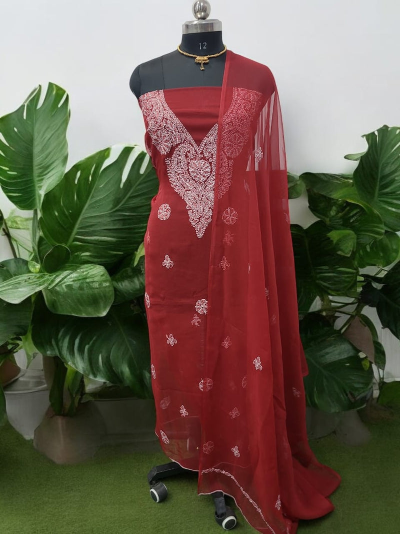 3 pc Lucknow Chikankari Hand Embroidery Chiffon Georgette Unstitched Salwar Suit with Georgette Dupatta - Leheriya