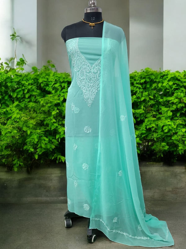 3 pc Lucknow Chikankari Hand Embroidery Chiffon Georgette Unstitched Salwar Suit with Georgette Dupatta - Leheriya