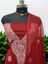 3 pc Lucknow Chikankari Hand Embroidery Chiffon Georgette Unstitched Salwar Suit with Georgette Dupatta - Leheriya