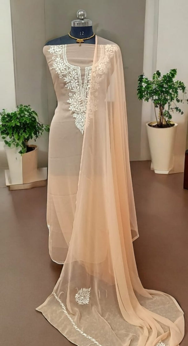 3 pc Lucknow Chikankari Hand Embroidery Chiffon Georgette Unstitched Salwar Suit with Georgette Dupatta - Leheriya