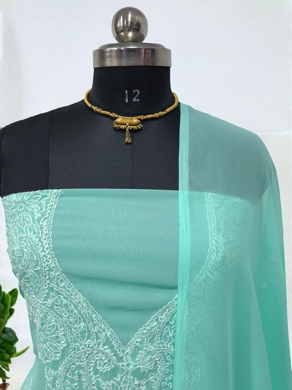 3 pc Lucknow Chikankari Hand Embroidery Chiffon Georgette Unstitched Salwar Suit with Georgette Dupatta - Leheriya
