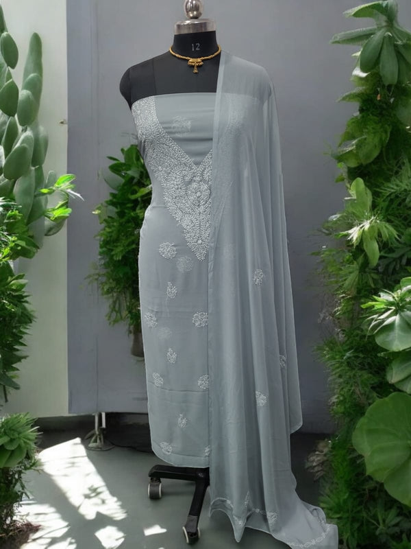 3 pc Lucknow Chikankari Hand Embroidery Chiffon Georgette Unstitched Salwar Suit with Georgette Dupatta - Leheriya