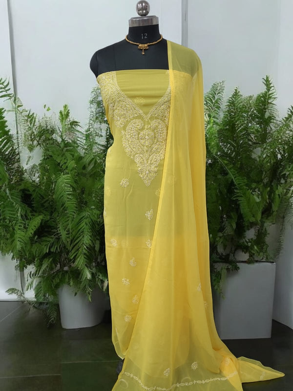 3 pc Lucknow Chikankari Hand Embroidery Chiffon Georgette Unstitched Salwar Suit with Georgette Dupatta - Leheriya