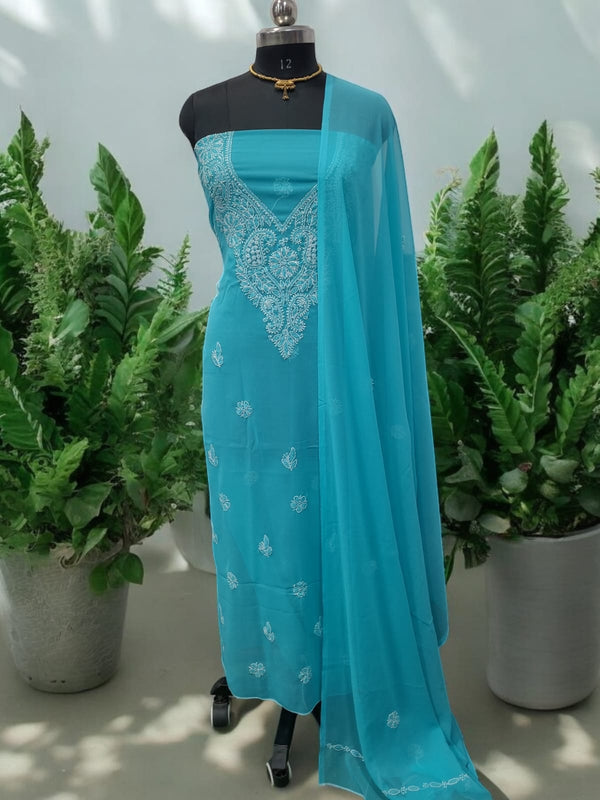 3 pc Lucknow Chikankari Hand Embroidery Chiffon Georgette Unstitched Salwar Suit with Georgette Dupatta - Leheriya