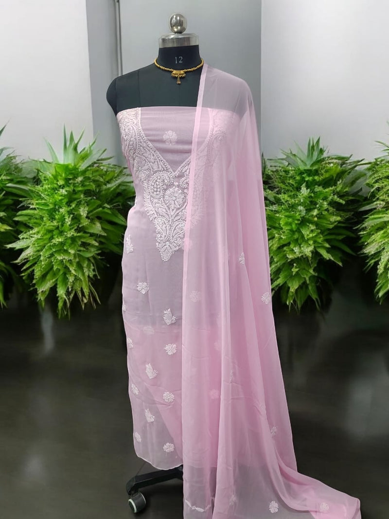3 pc Lucknow Chikankari Hand Embroidery Chiffon Georgette Unstitched Salwar Suit with Georgette Dupatta - Leheriya