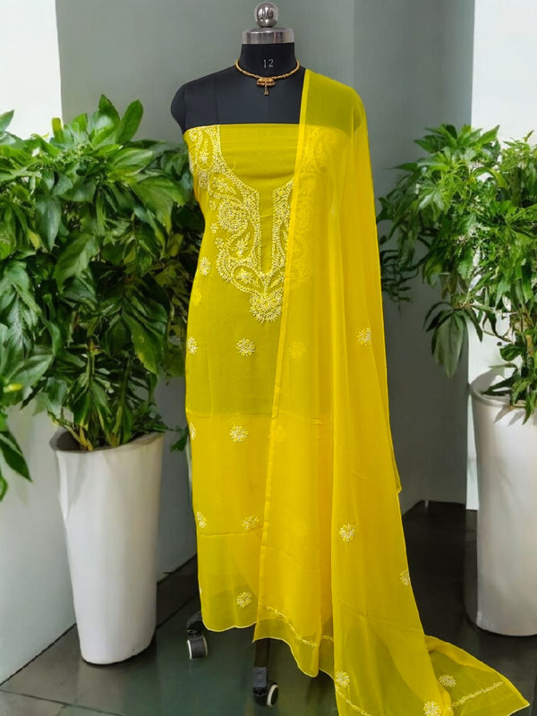 3 pc Lucknow Chikankari Hand Embroidery Chiffon Georgette Unstitched Salwar Suit with Georgette Dupatta - Leheriya