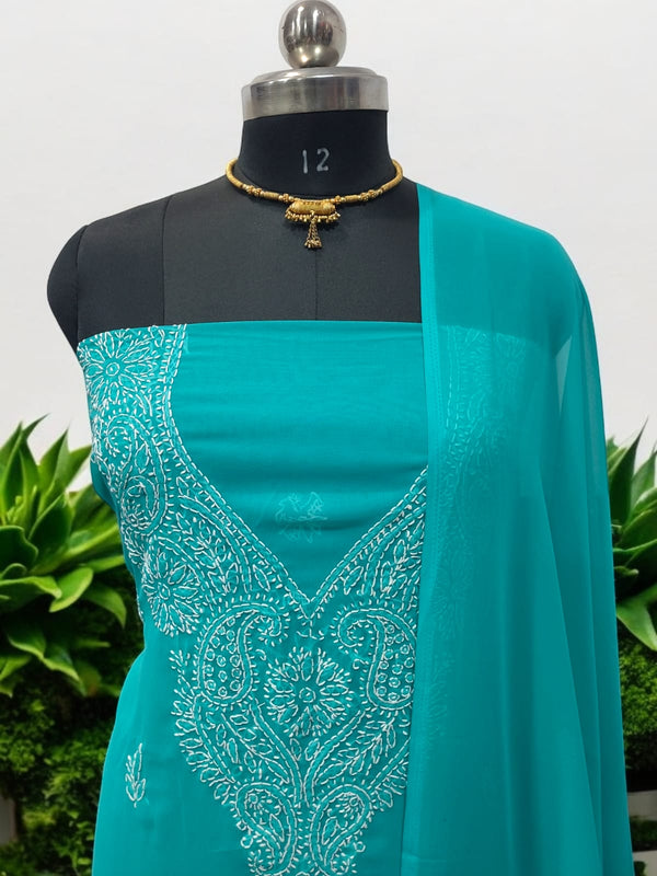 3 pc Lucknow Chikankari Hand Embroidery Chiffon Georgette Unstitched Salwar Suit with Georgette Dupatta - Leheriya