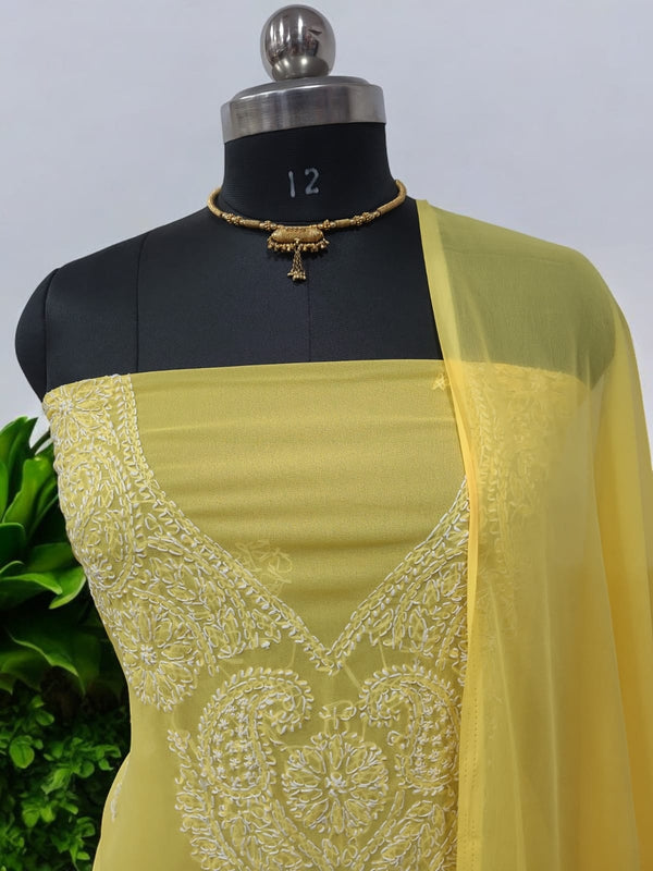 3 pc Lucknow Chikankari Hand Embroidery Chiffon Georgette Unstitched Salwar Suit with Georgette Dupatta - Leheriya