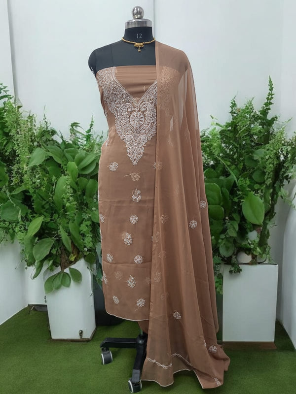 3 pc Lucknow Chikankari Hand Embroidery Chiffon Georgette Unstitched Salwar Suit with Georgette Dupatta - Leheriya