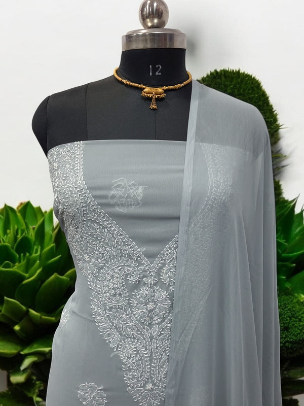 3 pc Lucknow Chikankari Hand Embroidery Chiffon Georgette Unstitched Salwar Suit with Georgette Dupatta - Leheriya