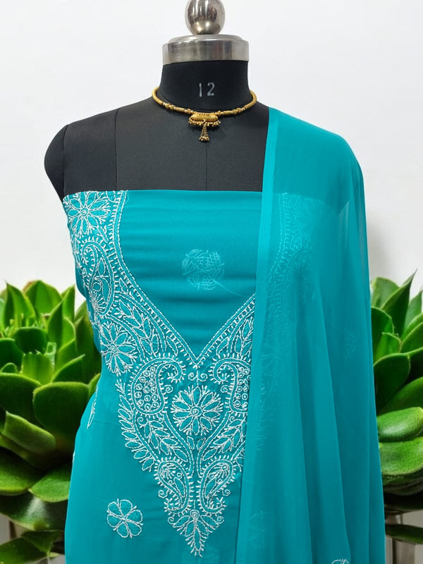 3 pc Lucknow Chikankari Hand Embroidery Chiffon Georgette Unstitched Salwar Suit with Georgette Dupatta - Leheriya