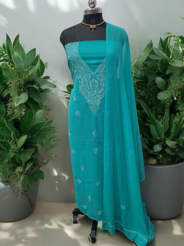 3 pc Lucknow Chikankari Hand Embroidery Chiffon Georgette Unstitched Salwar Suit with Georgette Dupatta - Leheriya