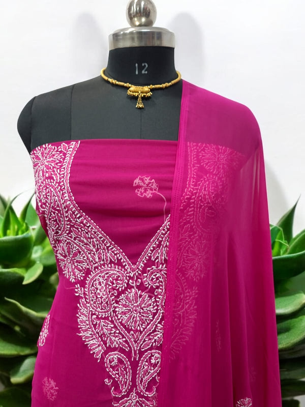 3 pc Lucknow Chikankari Hand Embroidery Chiffon Georgette Unstitched Salwar Suit with Georgette Dupatta - Leheriya
