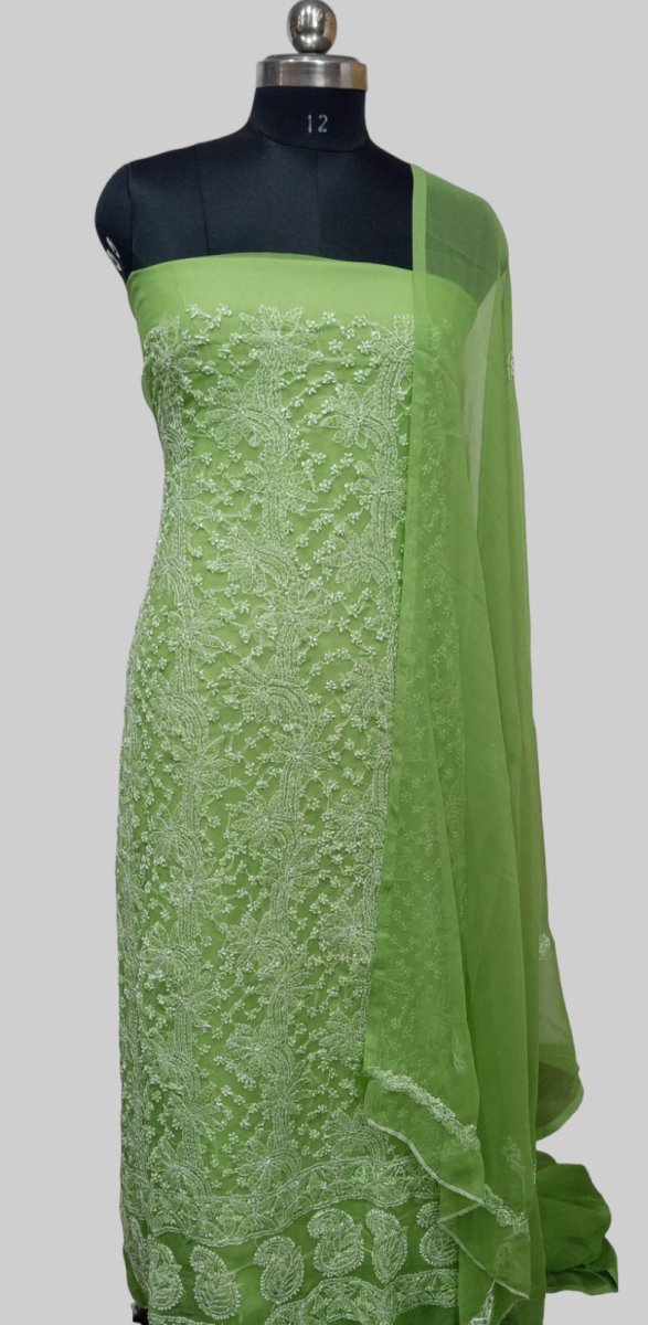 3 pc Lucknow Chikankari Hand Embroidery Chiffon Georgette Unstitched Salwar Suit with Georgette Dupatta - Leheriya